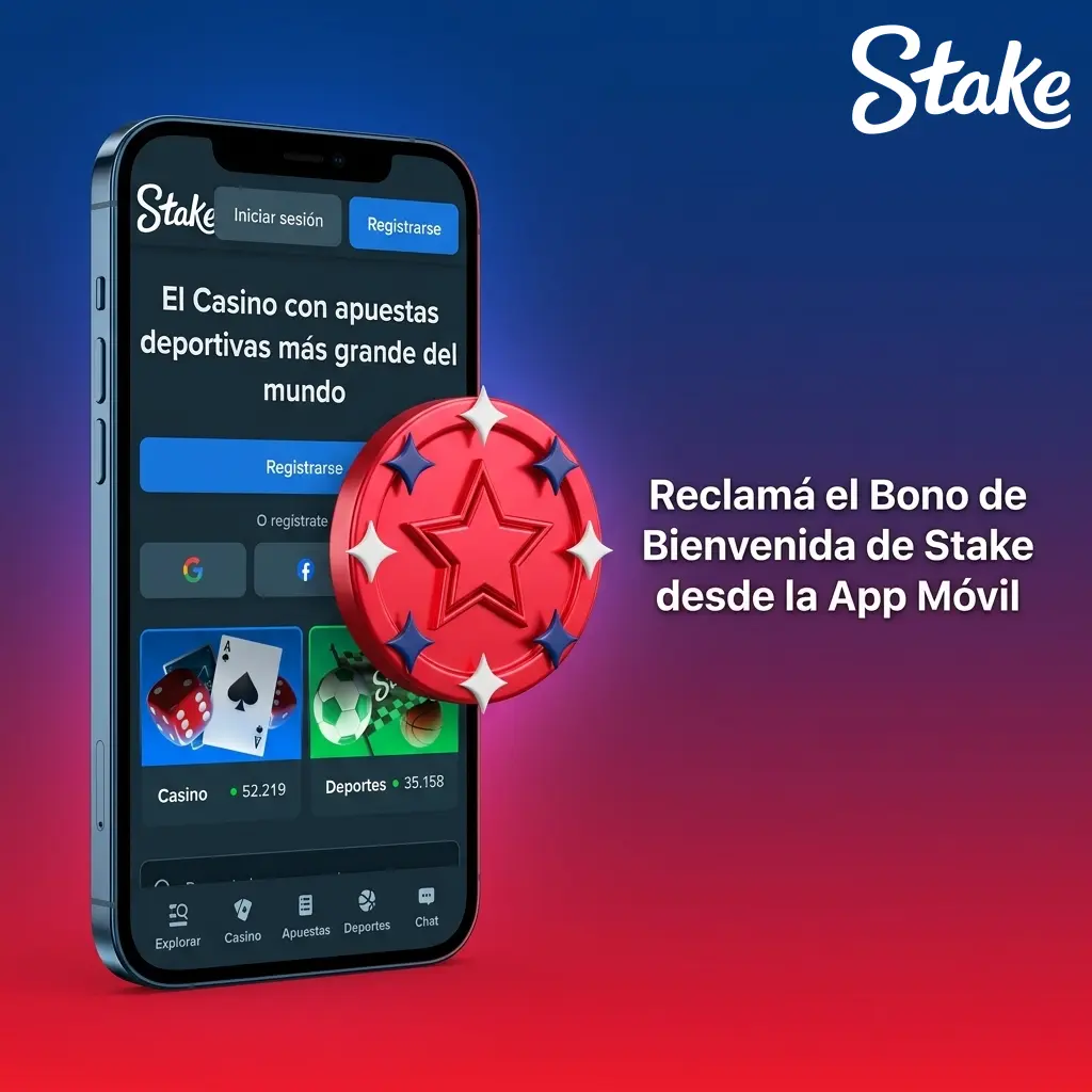 App móvil de Stake disponible para Android e iOS con acceso a promociones y bono de bienvenida